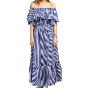 Ruffle Off Shoulder Plaid Long Dress