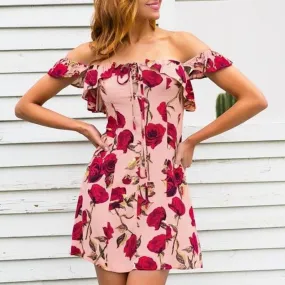 Ruffle Off Shoulder Summer Lace Up Floral Dress