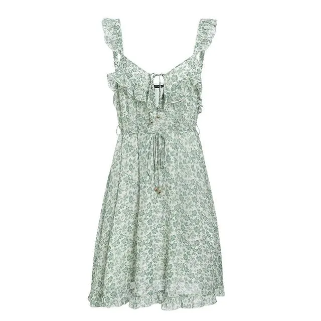 Ruffled Sleeveless Floral Print Leaf Strap Loose Boho Mini Dress