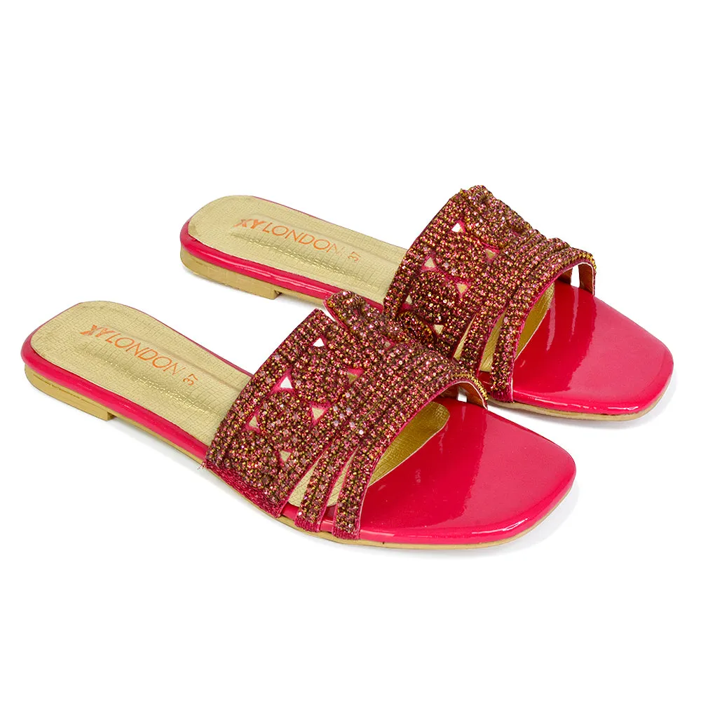 Sam Cut Out Square Toe Sparkly Front Strap Flat Diamante Sandals in Pink