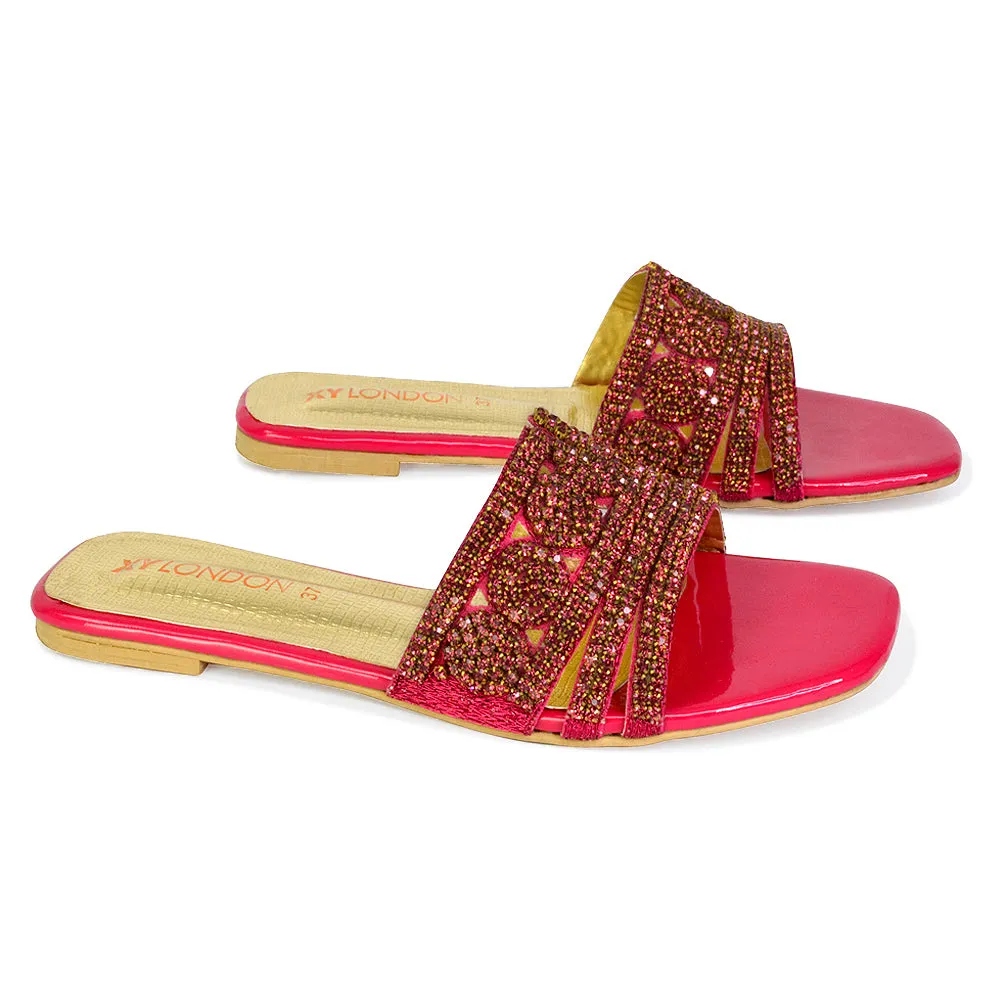 Sam Cut Out Square Toe Sparkly Front Strap Flat Diamante Sandals in Pink