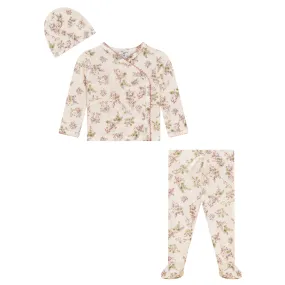 set knit wrap floral top and pants with hat - off white/rose