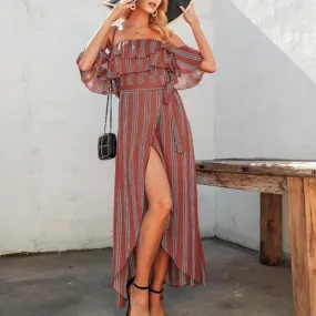 Sexy Striped Long Off Shoulder Ruffle Split Summer Dress