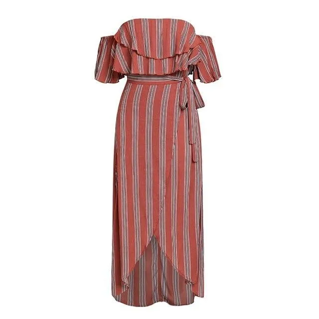 Sexy Striped Long Off Shoulder Ruffle Split Summer Dress