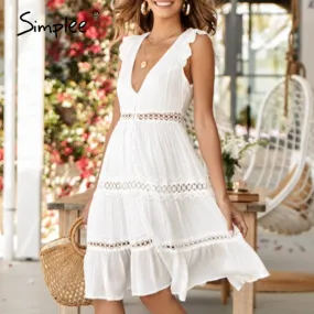 Sexy V-neck Lace Elegant Sleeveless Hollow Out Summer Midi Dress