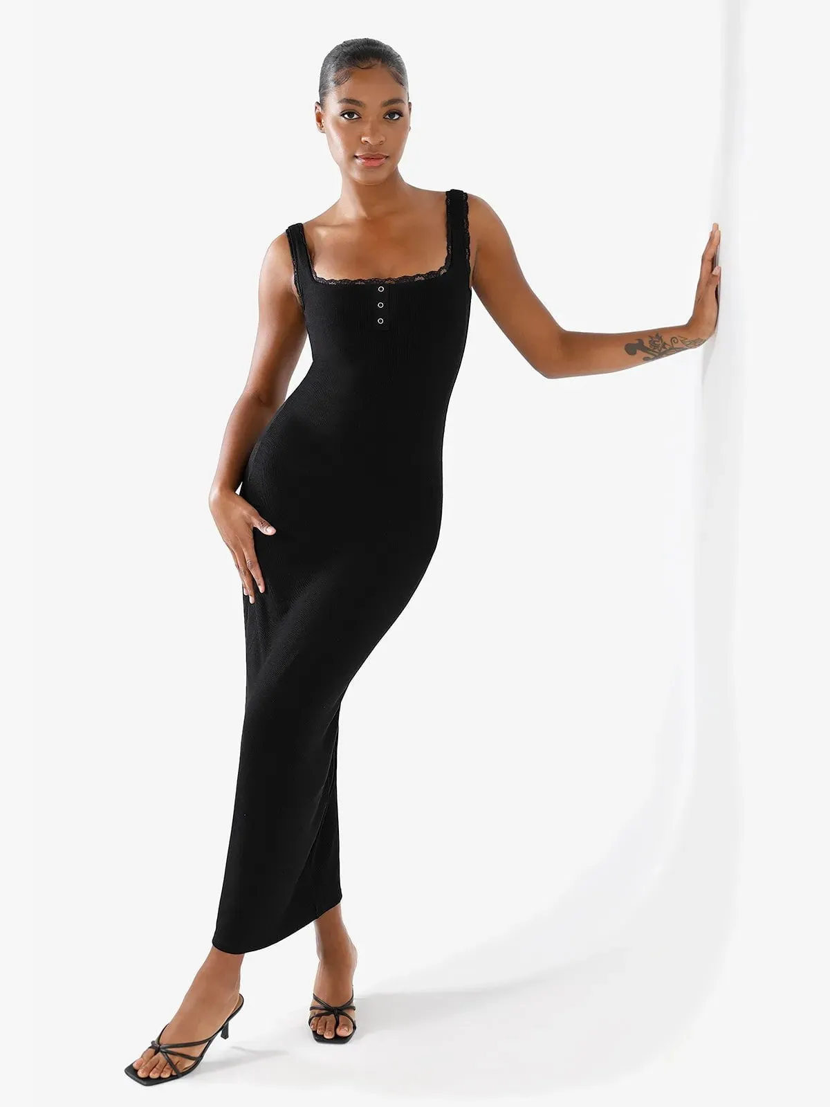 Shapewear Modal Slimming Lace Trim Henley Tank Maxi Dress