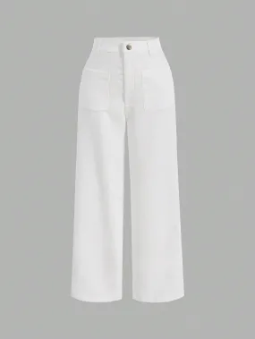 SHEIN High Waist Button Detail Straight Leg Pants