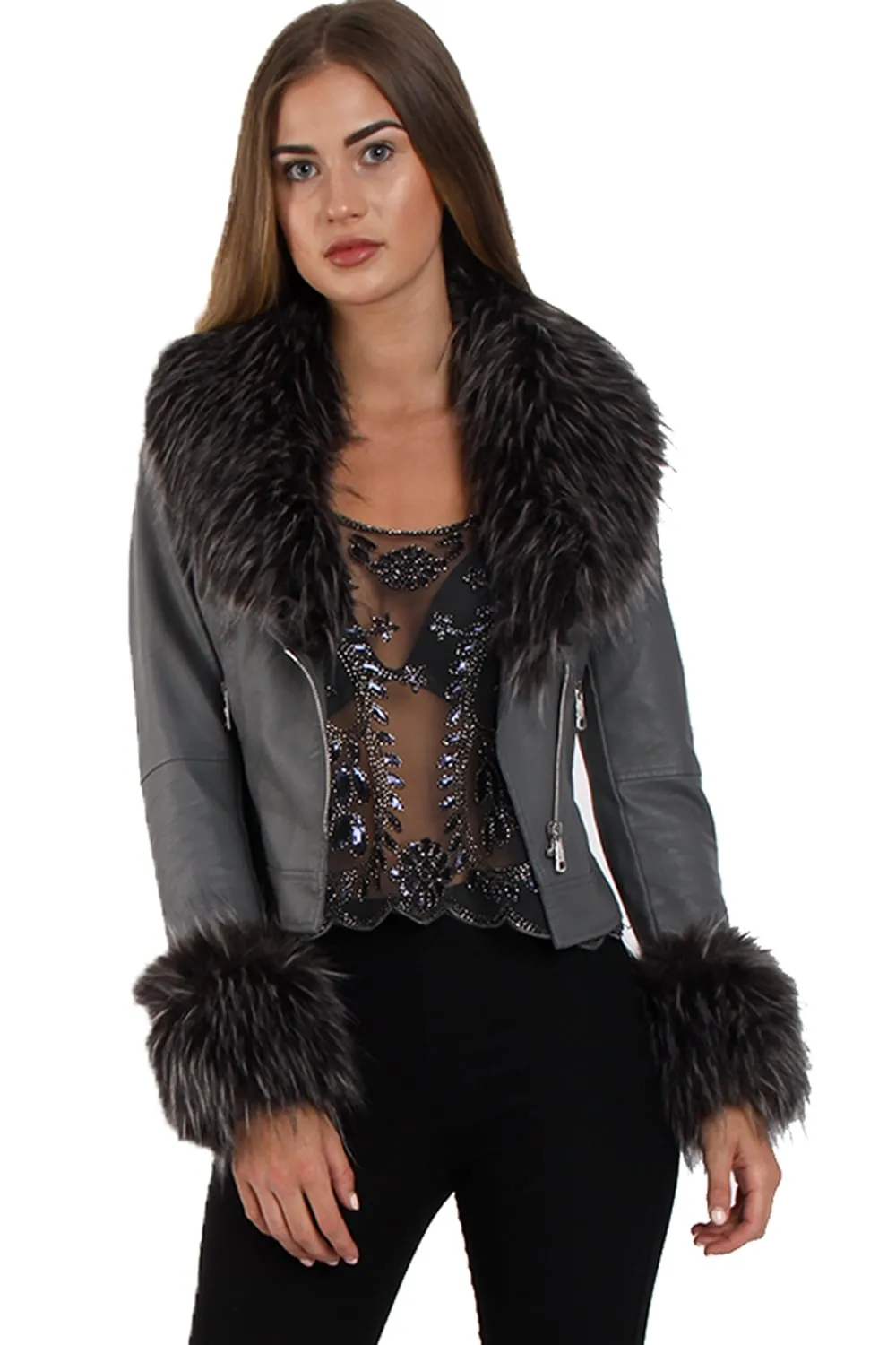 Short Faux Fur Trim Biker Leather Coat