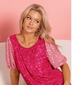 Short sleeve elbow length fucshia and pink sequin top