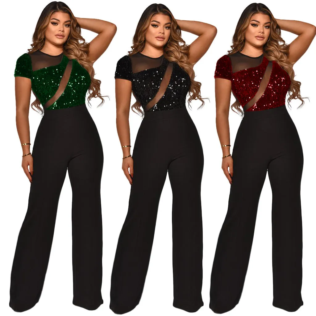 Short Sleeves Round Neck High Waist Jumpsuits