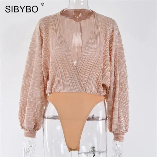 Sibybo Deep V-Neck Pleated Sexy Bodysuit For Women Black Long Sleeve Bodysuit Rompers Femme Fall Clothing 2021 Fashion Tops