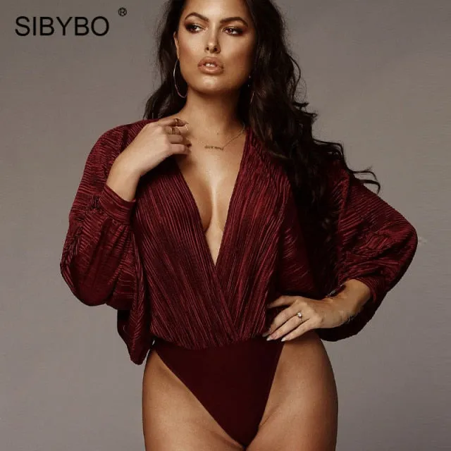 Sibybo Deep V-Neck Pleated Sexy Bodysuit For Women Black Long Sleeve Bodysuit Rompers Femme Fall Clothing 2021 Fashion Tops