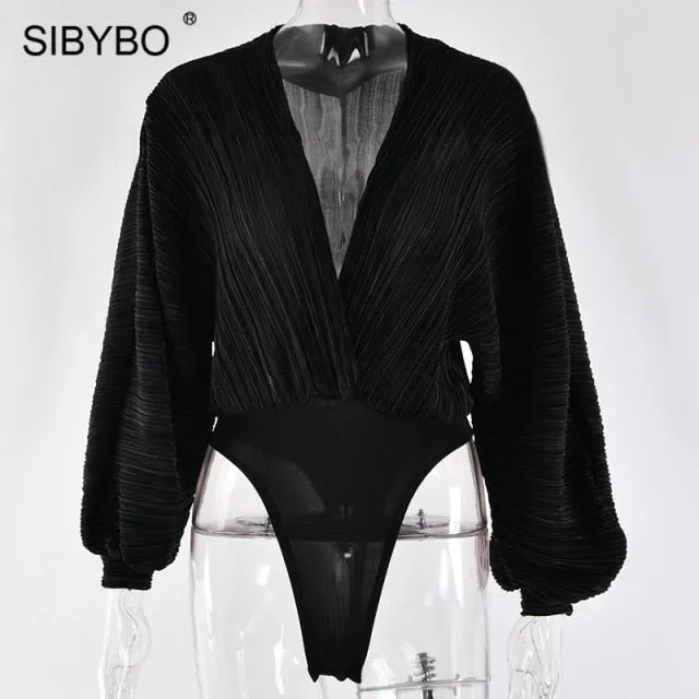 Sibybo Deep V-Neck Pleated Sexy Bodysuit For Women Black Long Sleeve Bodysuit Rompers Femme Fall Clothing 2021 Fashion Tops