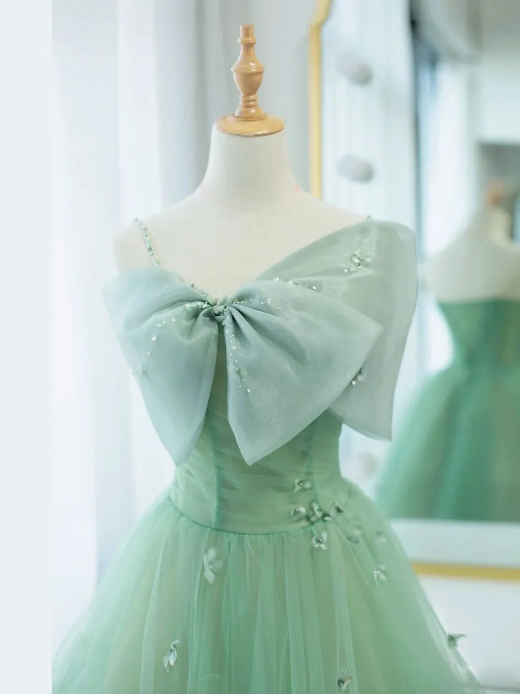 Simple Green Tulle Tea Length Prom Dress, Green Tulle Homecoming Dresses