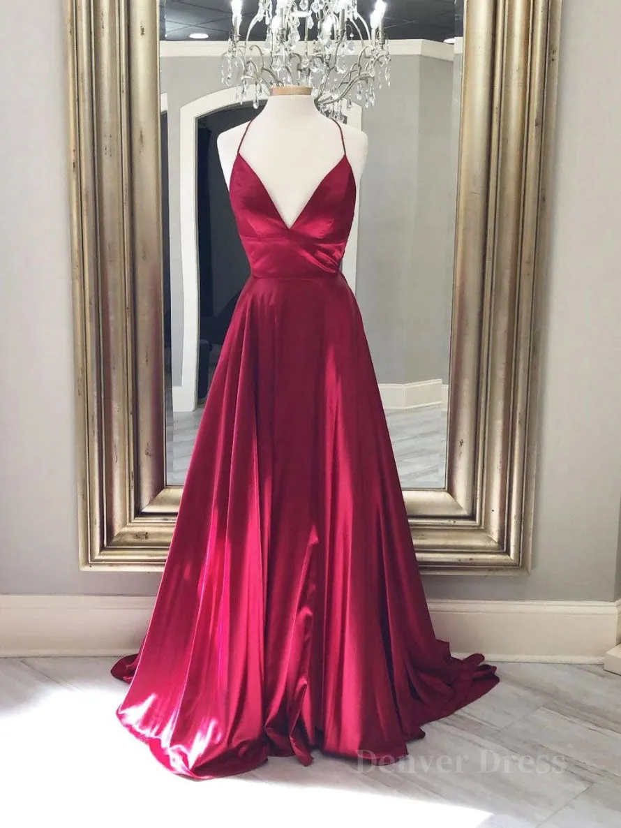 Simple red v neck satin long prom dress, red evening dress