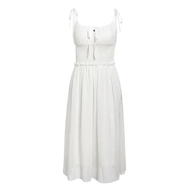 Sleeveless Deep V-Neck Backless Ruched Summer Chiffon White Dress