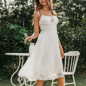 Sleeveless Deep V-Neck Backless Ruched Summer Chiffon White Dress