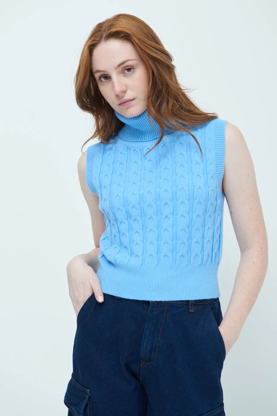 Sleeveless turtleneck cable knit top wholesale