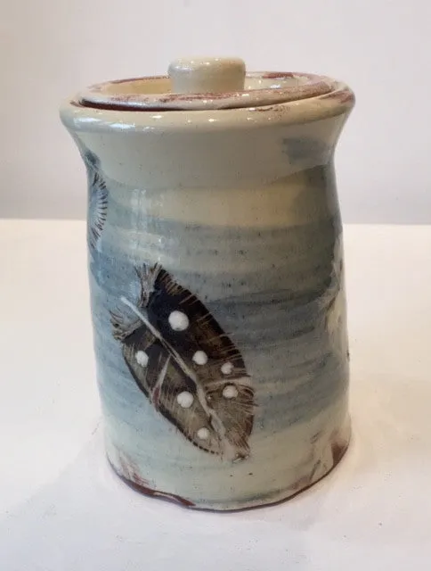 Small Lidded Jar with Feathers