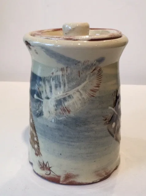 Small Lidded Jar with Feathers