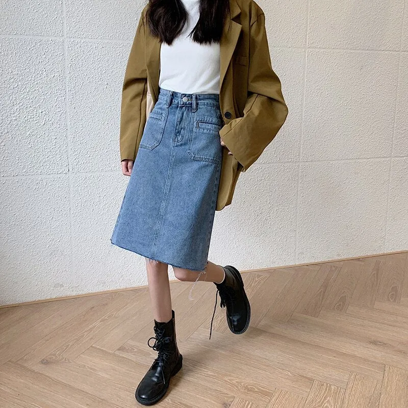 Spring Summer High Waist Denim Skirts Women Casual A-line Zipper Jeans