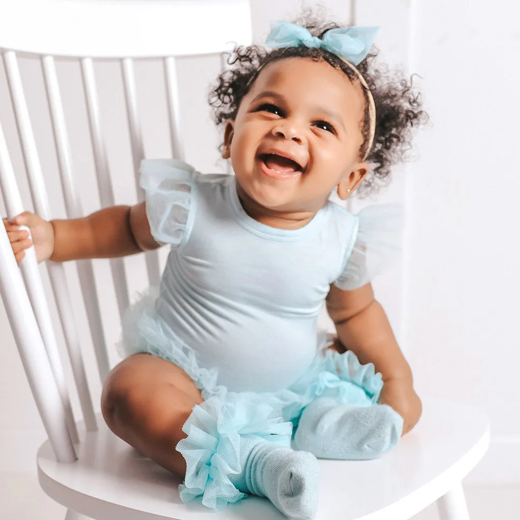 Starry Blue Tulle Sleeve Ruffled Back Bodysuit