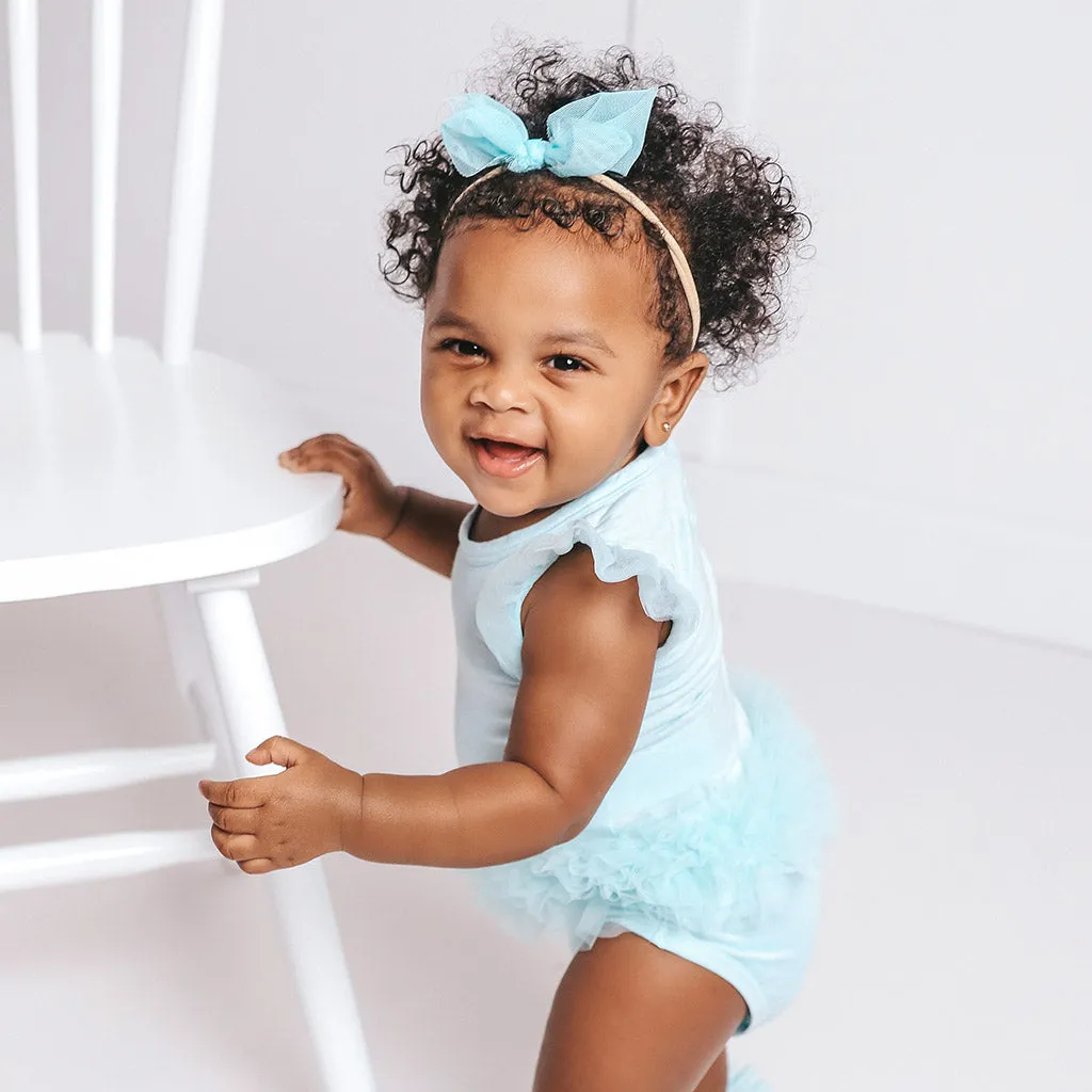 Starry Blue Tulle Sleeve Ruffled Back Bodysuit