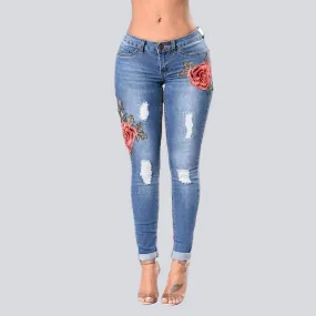 Stretch Embroidered Ripped Jeans