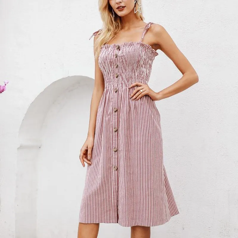 Striped Cotton Spaghetti Strap Button Split Dress