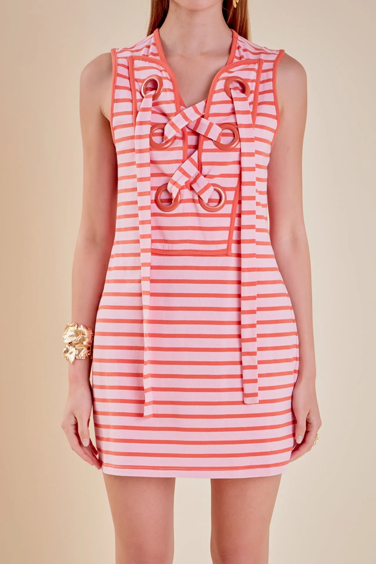 Striped Knit Lace Up Dress