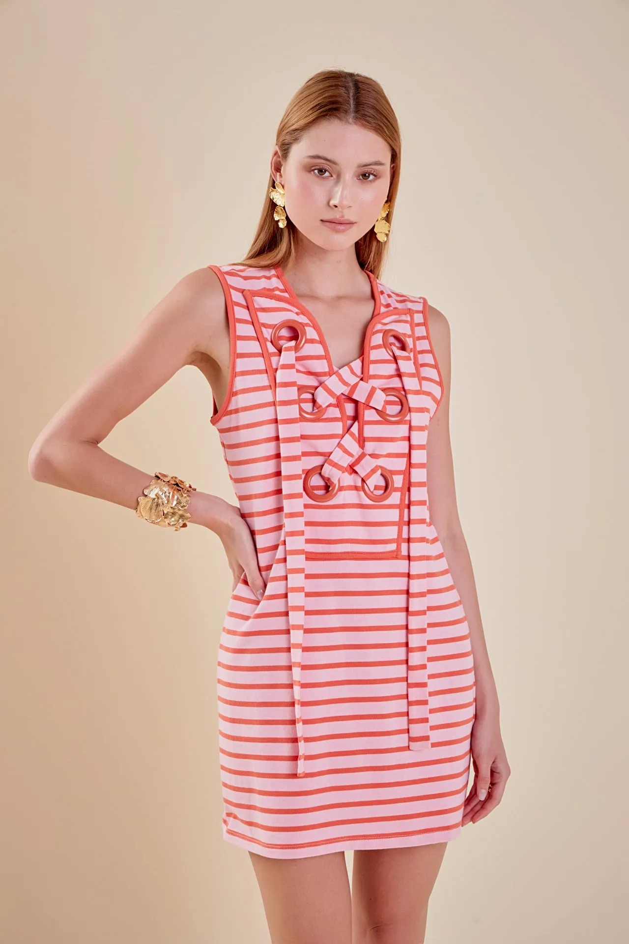 Striped Knit Lace Up Dress