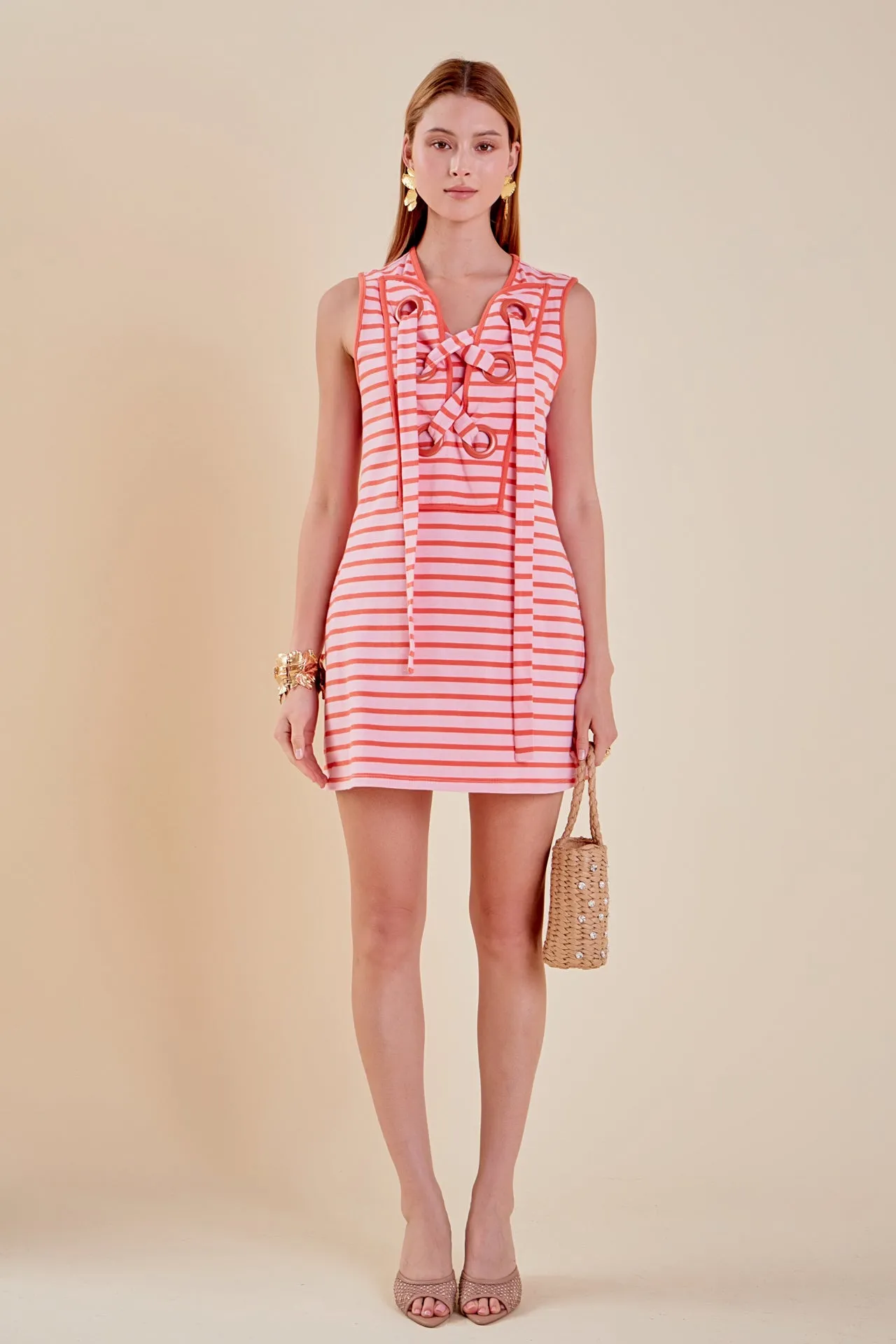 Striped Knit Lace Up Dress