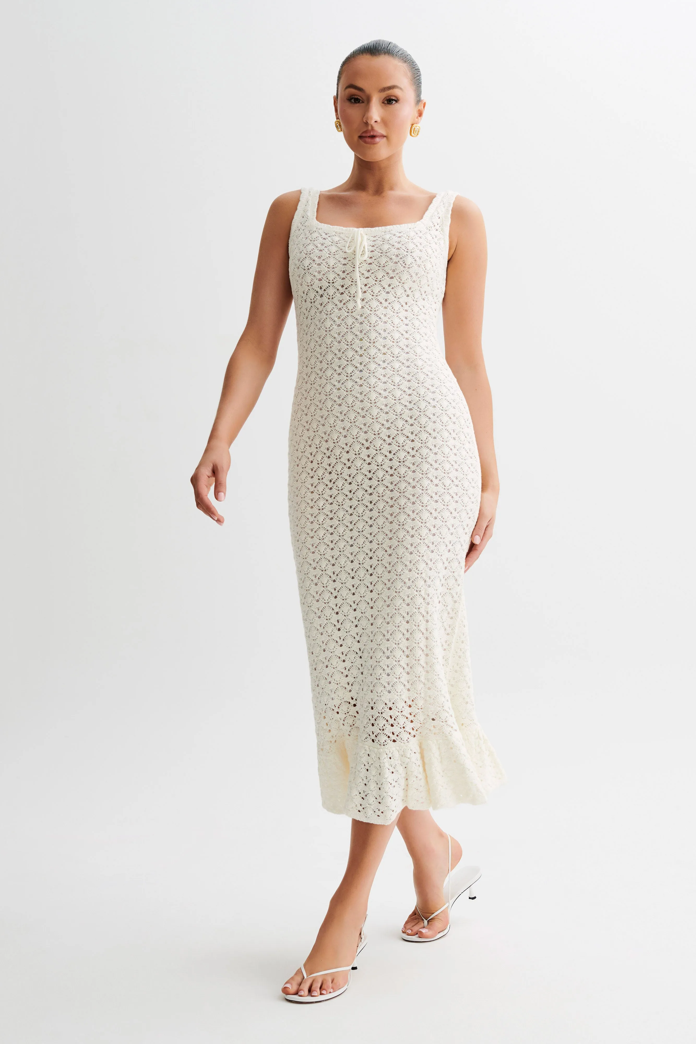 Sylvie Frill Knit Midi Dresses - Ivory