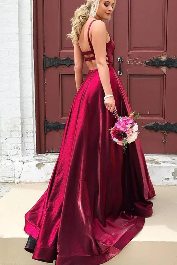 Taffeta A-line Spaghetti Straps Prom Dresses With Pockets, Evening Dress