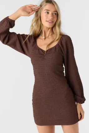 TEGAN SMOCKED KNIT LONG SLEEVE MINI DRESS