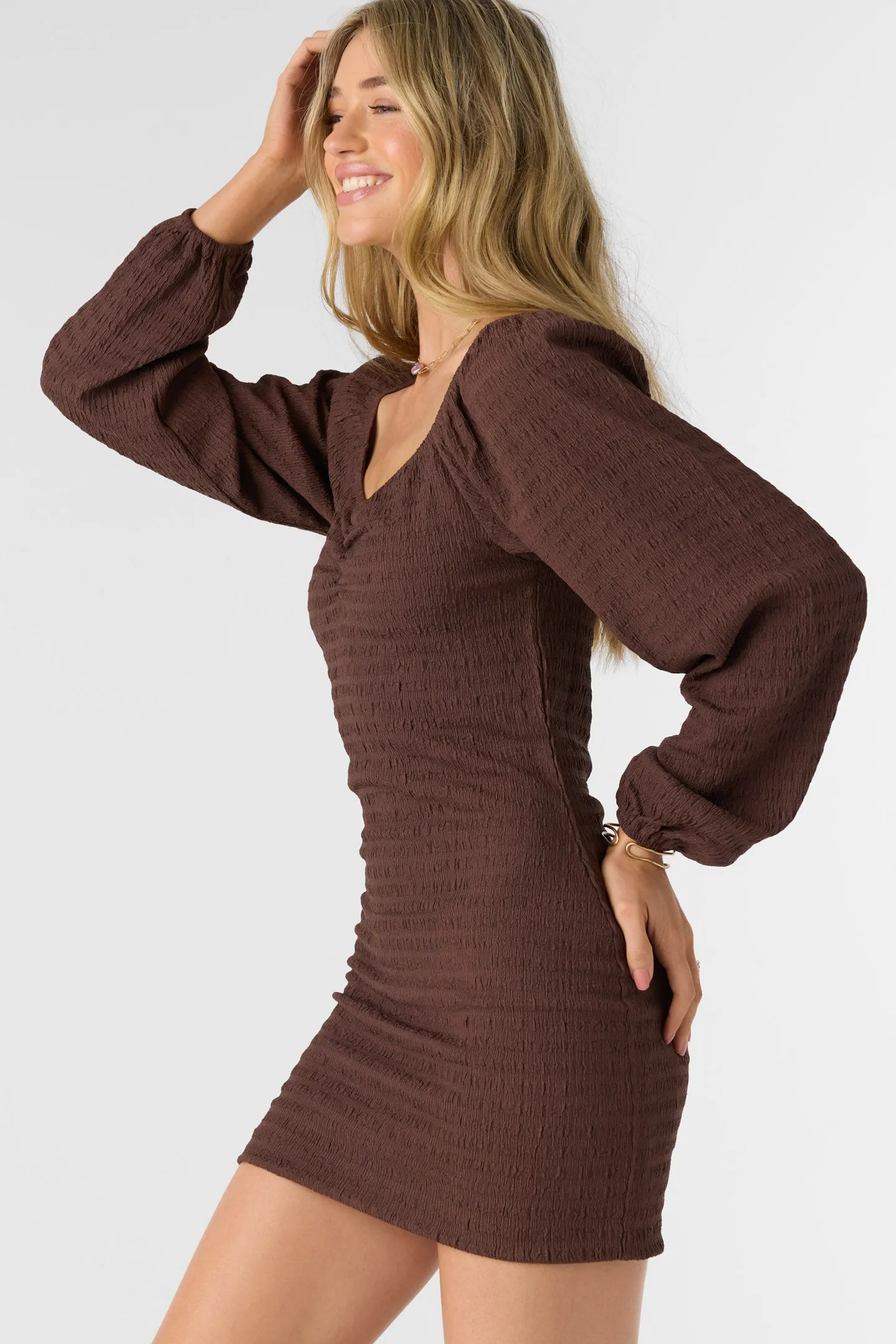 TEGAN SMOCKED KNIT LONG SLEEVE MINI DRESS