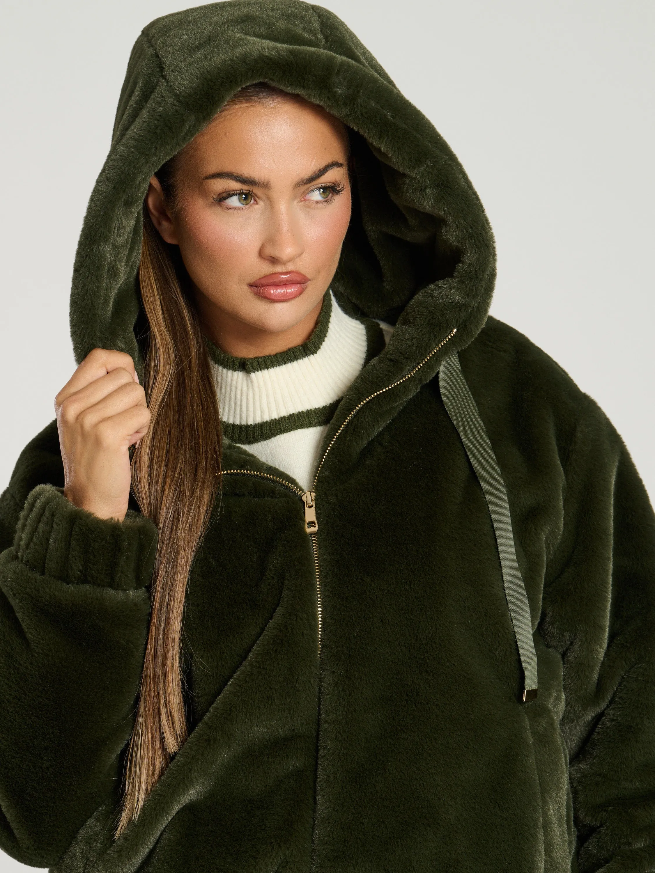 The 'Hibernal' faux fur hooded jacket in khaki