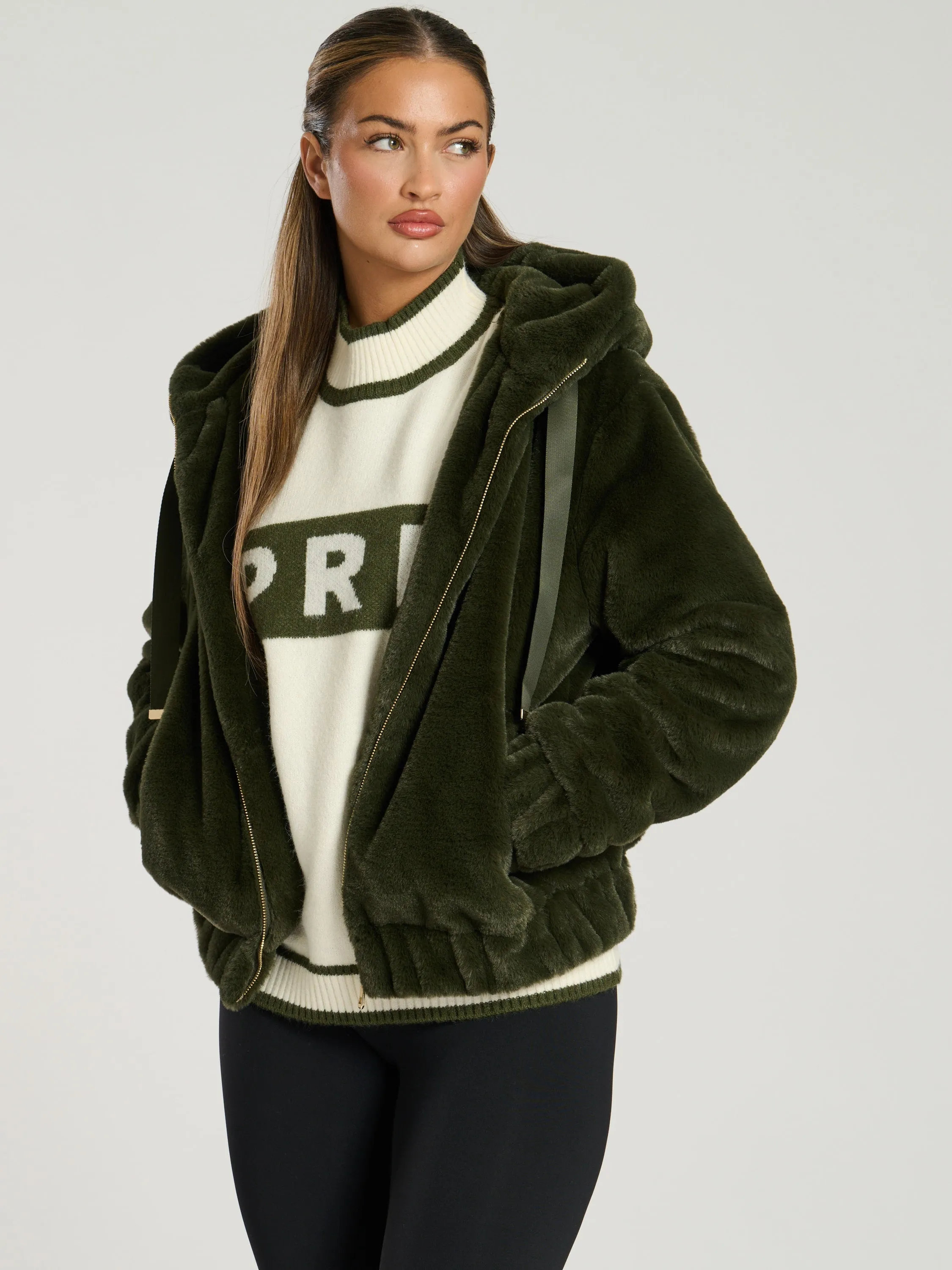 The 'Hibernal' faux fur hooded jacket in khaki