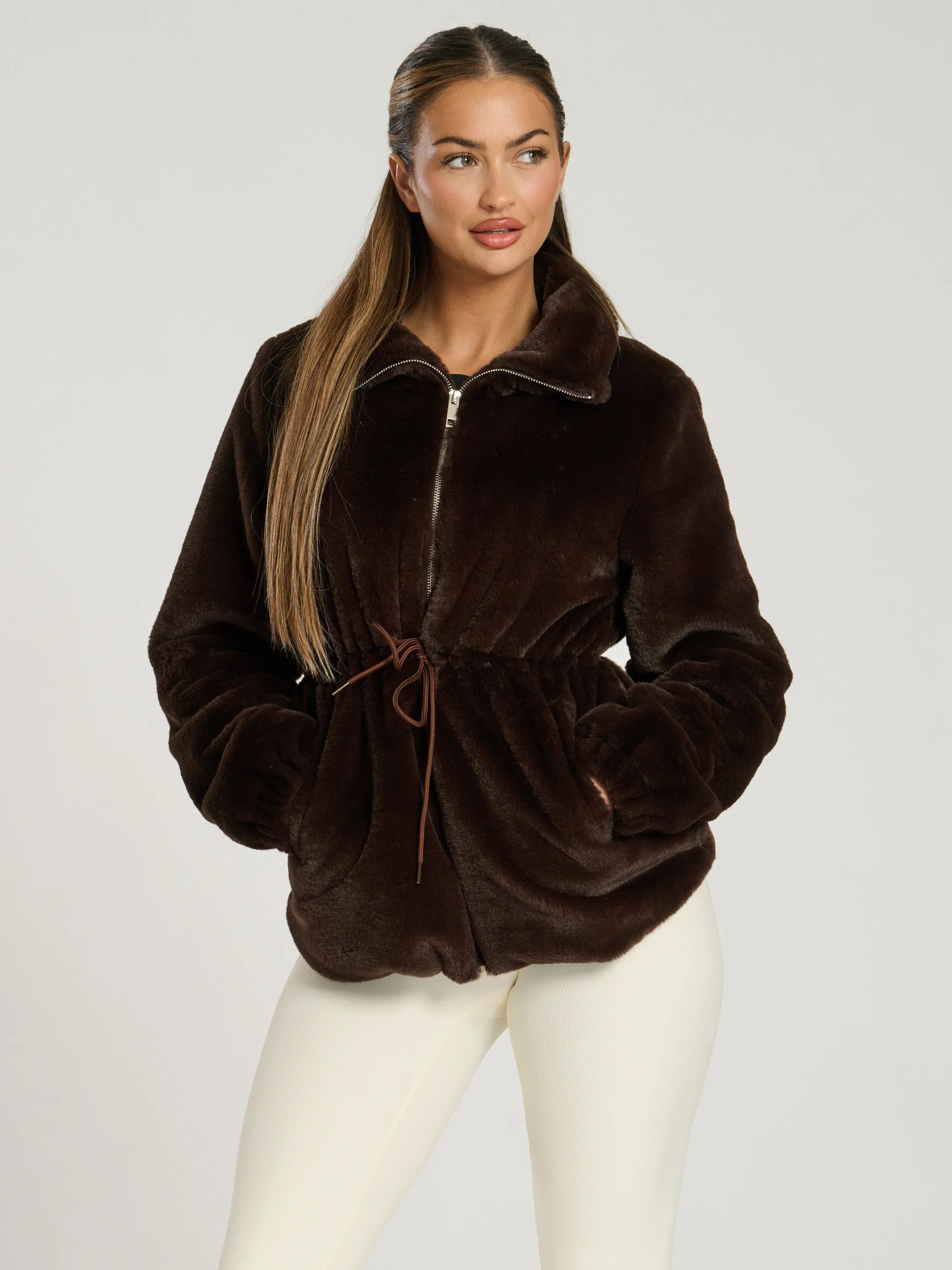 The 'Tied up' cosy faux fur tie waist jacket in chocolate