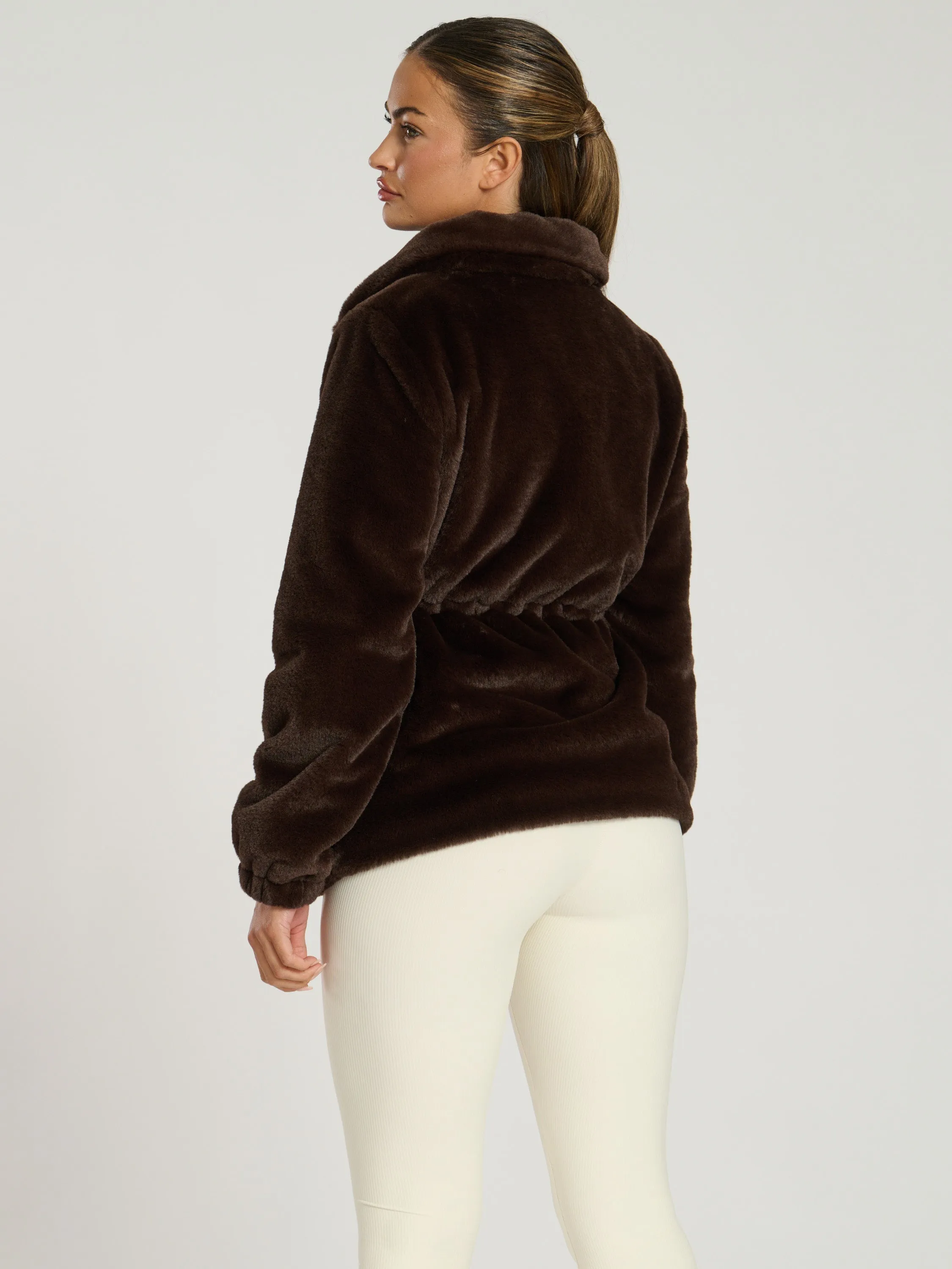 The 'Tied up' cosy faux fur tie waist jacket in chocolate