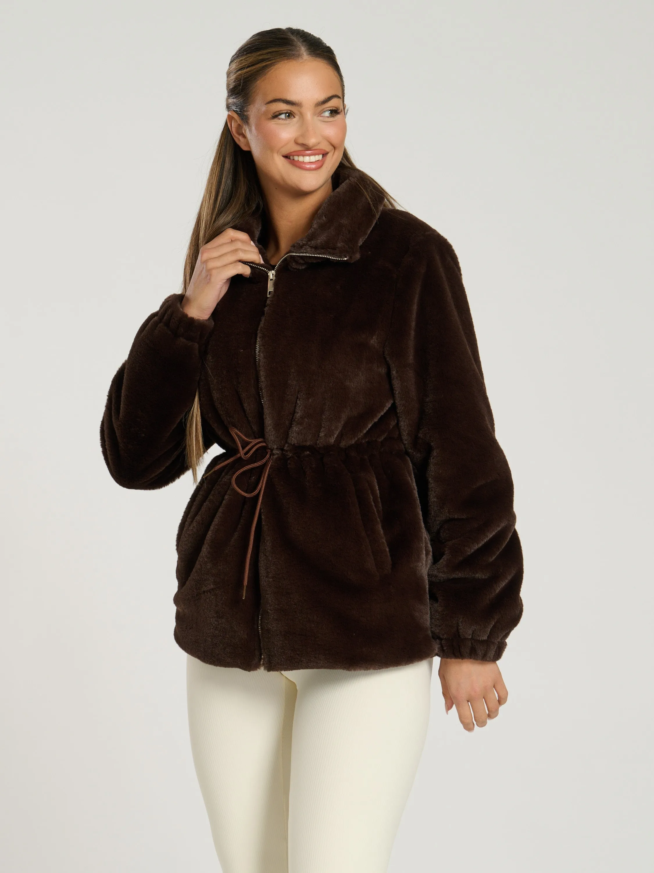 The 'Tied up' cosy faux fur tie waist jacket in chocolate