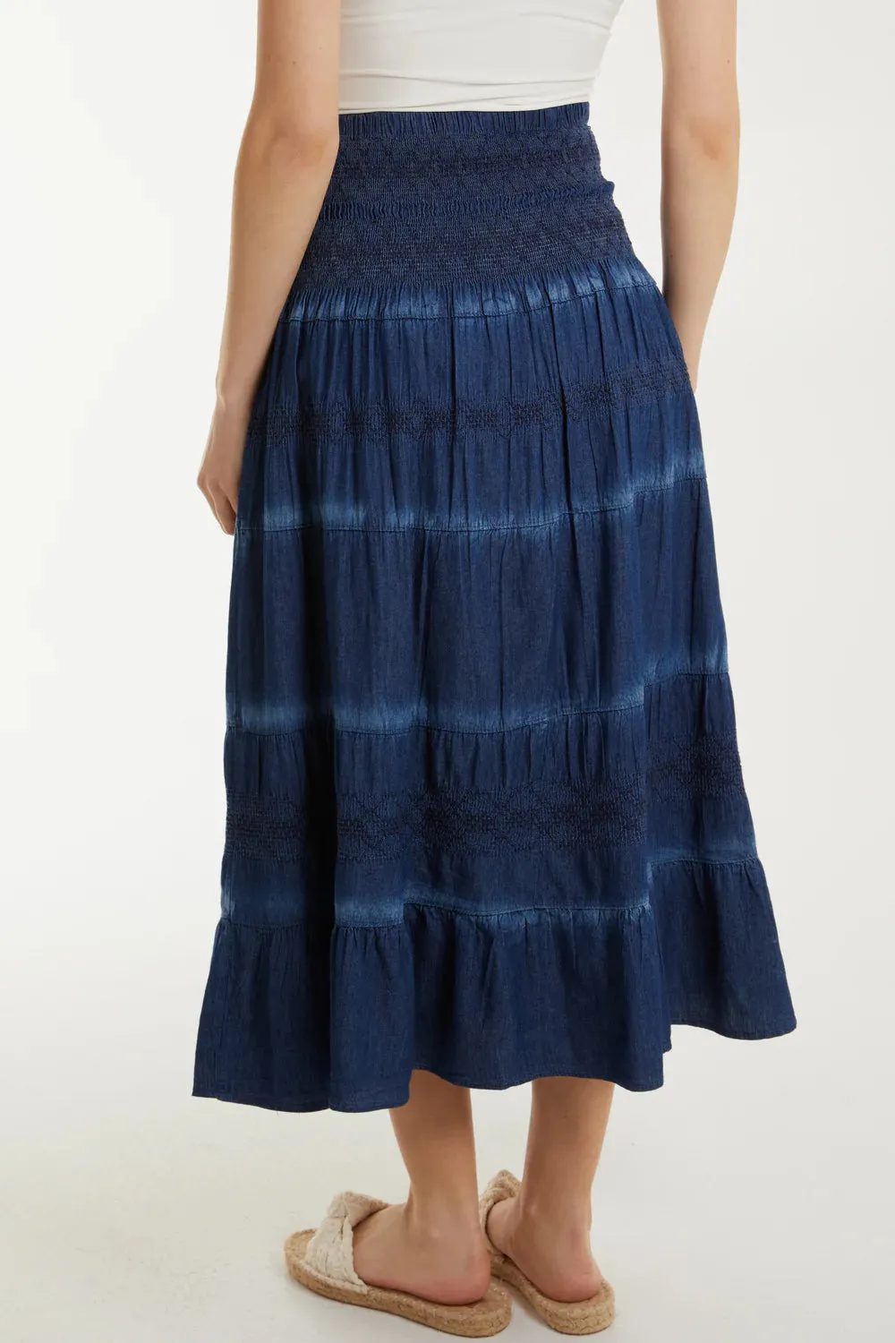 Tiered Dark Denim Maxi Skirt With Shirred Waist