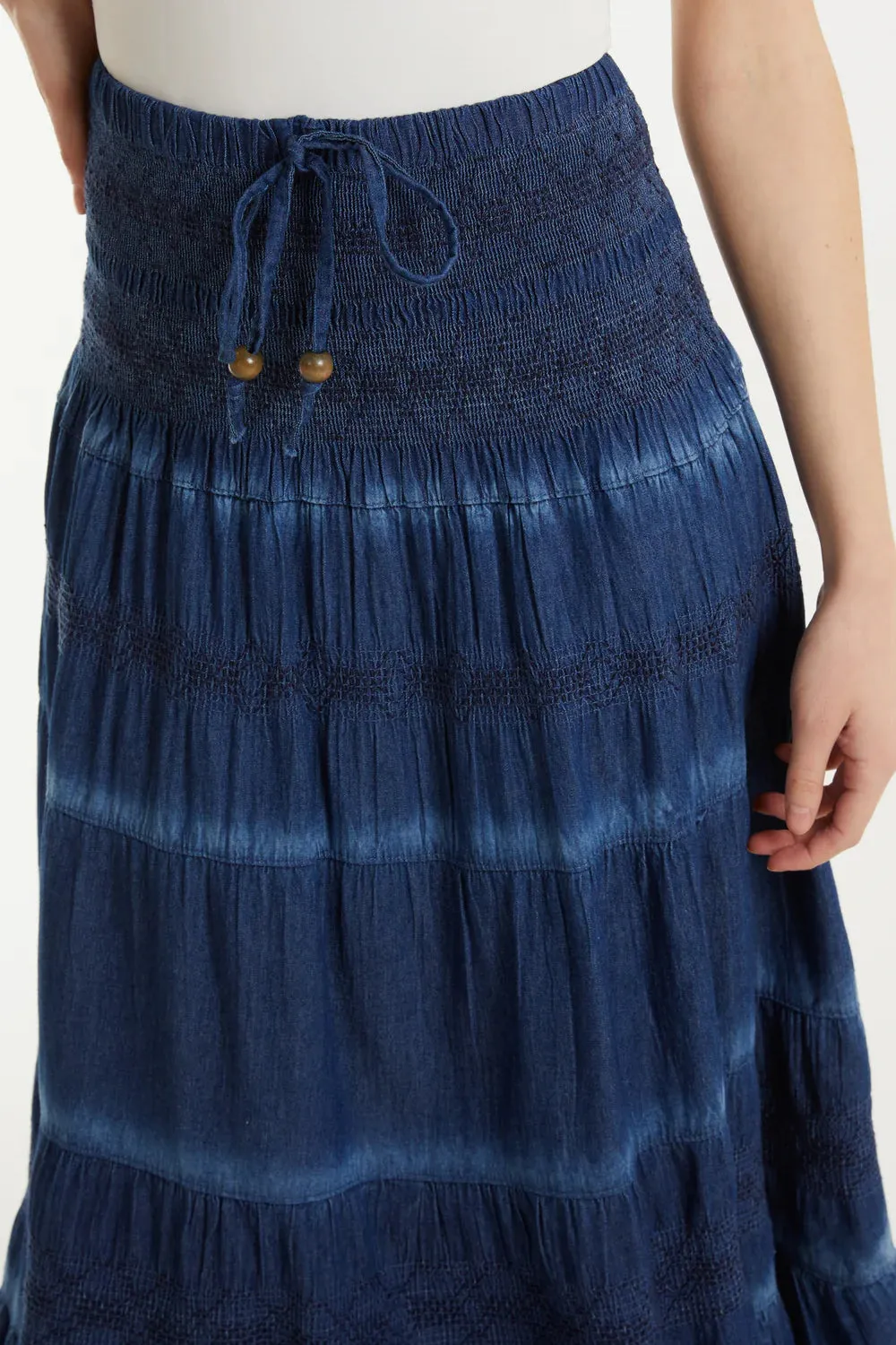 Tiered Dark Denim Maxi Skirt With Shirred Waist