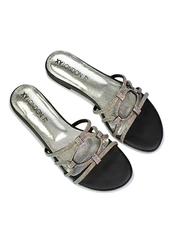 Tiger Slip On Summer Flat Diamante Sandal Statement Sparkly Sliders in Black