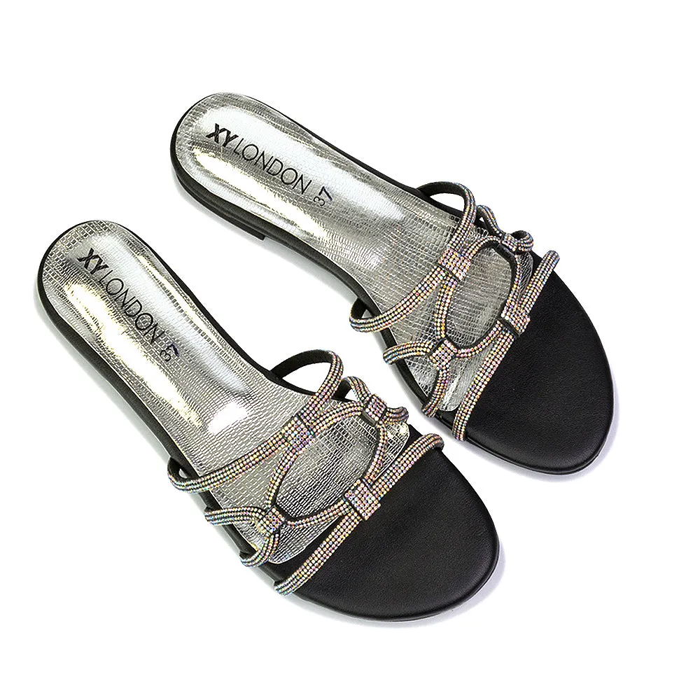 Tiger Slip On Summer Flat Diamante Sandal Statement Sparkly Sliders in Black