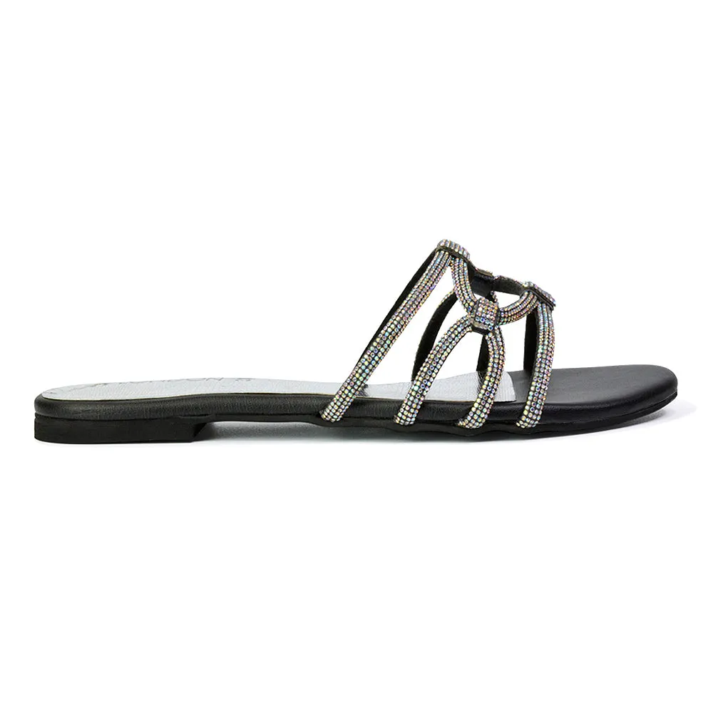 Tiger Slip On Summer Flat Diamante Sandal Statement Sparkly Sliders in Black