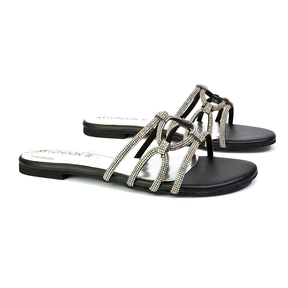 Tiger Slip On Summer Flat Diamante Sandal Statement Sparkly Sliders in Black