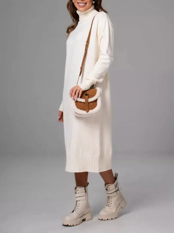 Turtleneck Solid Color Midi Sweater Dress