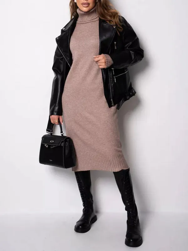 Turtleneck Solid Color Midi Sweater Dress