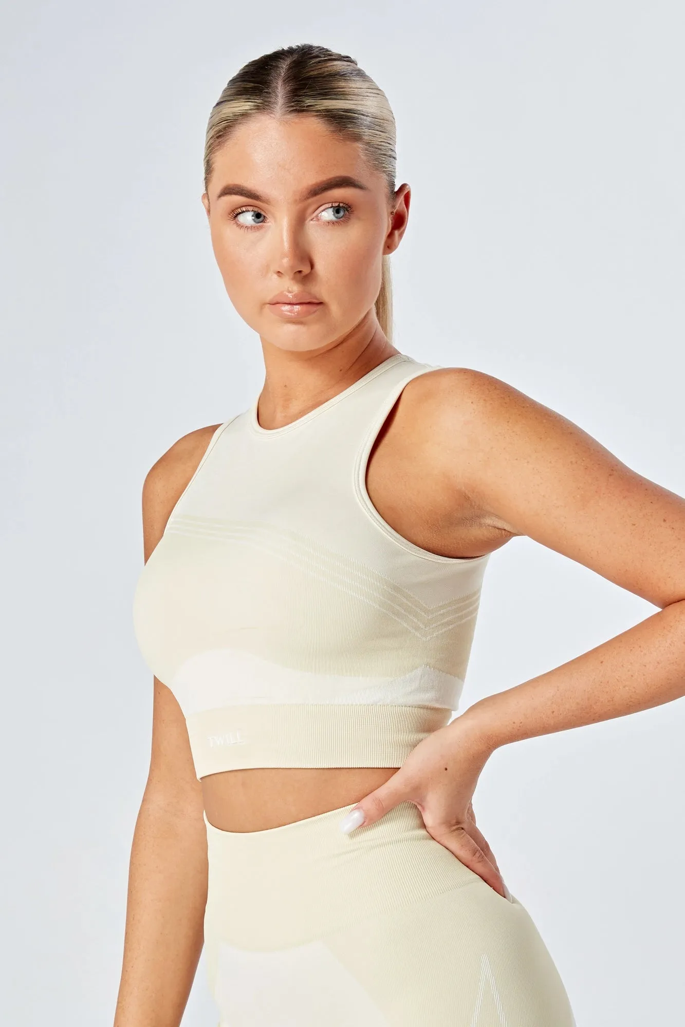 Twill Active Recycled Colour Block Body Fit Racer Crop Top - Stone